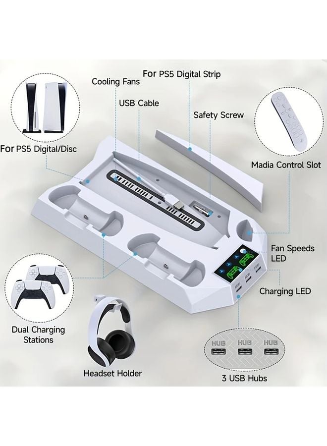 White PS5 Stand With Cooling Fan Dual Controller Charger And Headset Holder For PS5 Slim Console - Image 3